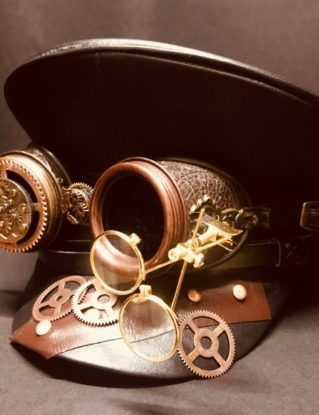 Steampunk Military Army hat with Gold Double Loupy on Distressed Embossing Goggles in size 58cm, 59cm by SteamEraProduction steampunk buy now online