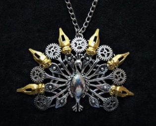 Steampunk Peacock pendant necklace with silver filigree peacock, golden pen nibs, and silver cogs by KindHeartsEmporium steampunk buy now online