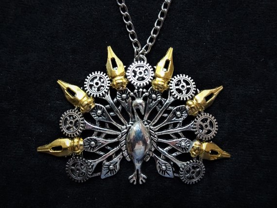 Steampunk Peacock pendant necklace with silver filigree peacock, golden pen nibs, and silver cogs by KindHeartsEmporium steampunk buy now online