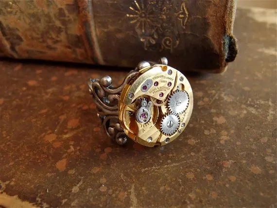 Steampunk Ring Statement Gold Adjustable Watch Movement Ring Antique Silver BOHO Steampunk Jewelry by steampunkjunq steampunk buy now online