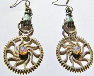 Steampunk Silver Hand Earrings with Spiral Gears & Vintage, Harlequin Fire Opals, Steampunk Earrings, Steampunk Gear Earrings ERG36 by RavensSecretStash steampunk buy now online