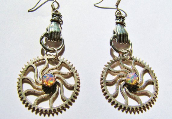 Steampunk Silver Hand Earrings with Spiral Gears & Vintage, Harlequin Fire Opals, Steampunk Earrings, Steampunk Gear Earrings ERG36 by RavensSecretStash steampunk buy now online