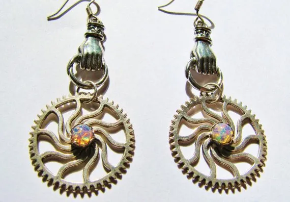 Steampunk Silver Hand Earrings with Spiral Gears & Vintage, Harlequin Fire Opals, Steampunk Earrings, Steampunk Gear Earrings ERG36 by RavensSecretStash steampunk buy now online