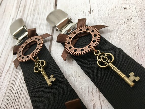 SteamPunk Skirt Clips, Cog & Key, Hitch-Up Clips, Suspender Clips by TricoteuseCrafts steampunk buy now online