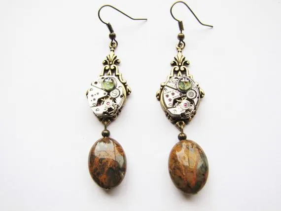 Steampunk Watch Movement & Jasper Earrings, Steampunk Earrings, Jasper Earrings, Watch Earrings, ER101 by RavensSecretStash steampunk buy now online