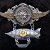 Stunning Steampunk Fantasy winged airship zeppelin pilot aviator medal pin badge brooch with silver compass charm & moving golden propeller by KindHeartsEmporium steampunk buy now online