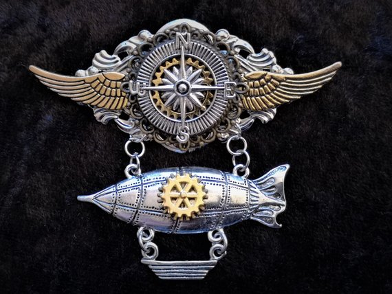 Stunning Steampunk Fantasy winged airship zeppelin pilot aviator medal pin badge brooch with silver compass charm & moving golden propeller by KindHeartsEmporium steampunk buy now online