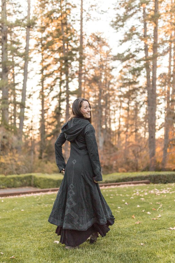 Womens Long Coat - Kaftan - Starduster - Black - Victorian Steampunk Cotton Coat with Hood - Womens Riding Duster Coat by PhoenixLanding steampunk buy now online