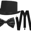 UNISEX FANCY DRESS DANCE SHOW ACCESSORIES - BLACK SATIN TOP HAT, BLACK SEQUIN BOW TIE AND BLACK BRACERS -PERFECT FOR ST PATRICK'S DAY COSTUMES, STEAM PUNK COSTUMES OR DANCE SHOWS steampunk buy now online