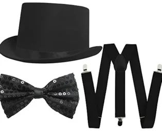 UNISEX FANCY DRESS DANCE SHOW ACCESSORIES - BLACK SATIN TOP HAT, BLACK SEQUIN BOW TIE AND BLACK BRACERS -PERFECT FOR ST PATRICK'S DAY COSTUMES, STEAM PUNK COSTUMES OR DANCE SHOWS steampunk buy now online