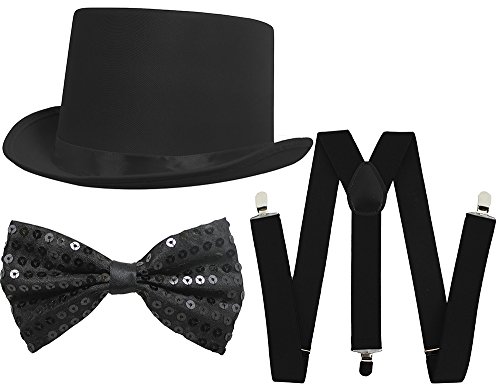 UNISEX FANCY DRESS DANCE SHOW ACCESSORIES - BLACK SATIN TOP HAT, BLACK SEQUIN BOW TIE AND BLACK BRACERS -PERFECT FOR ST PATRICK'S DAY COSTUMES, STEAM PUNK COSTUMES OR DANCE SHOWS steampunk buy now online