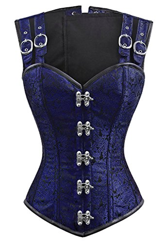 Charmian Women's Gothic Steampunk Brocade Steel Boned Waist Cincher Corset Vest Dark Blue Small steampunk buy now online