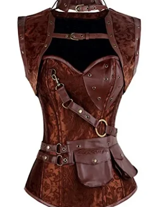 Charmian Women's Plus Size Retro Goth Spiral Steel Boned Brocade Steampunk Bustiers Corset with Jacket and Belt Brown XXXXX-Large steampunk buy now online