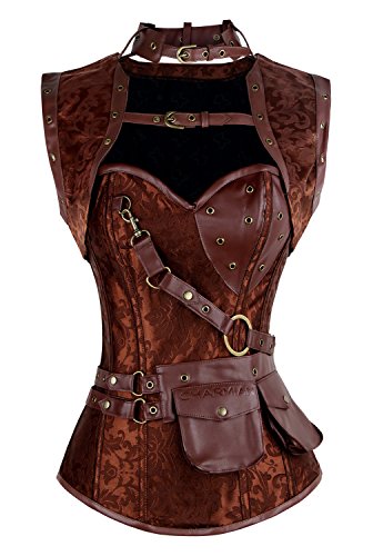 Charmian Women's Plus Size Retro Goth Spiral Steel Boned Brocade Steampunk Bustiers Corset with Jacket and Belt Brown XXXXX-Large steampunk buy now online
