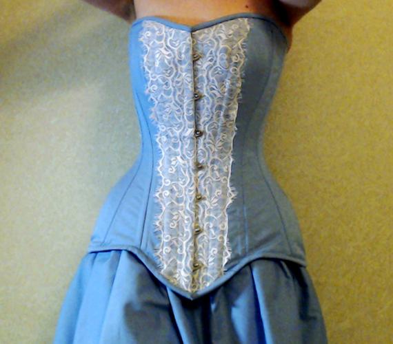 Light blue steel-boned overbust hourglasses corset for tight lacing covered by chantilly laces. Lace Addicted Corsettery collection. by Corsettery steampunk buy now online