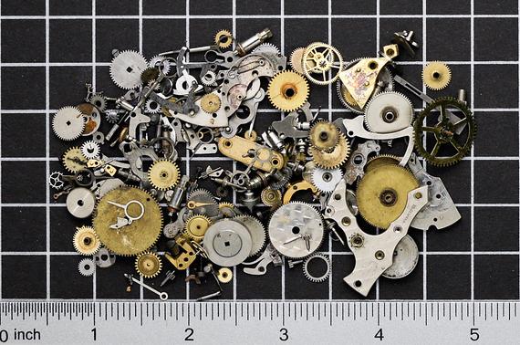 Mixed Lot of Vintage Watch Parts, Gears, Wheels, Plates, Hands, Crowns & Mainspring Barrels in Steel and Brass Steampunk Art Supplies 04383 by SteampunkArtSupplies steampunk buy now online
