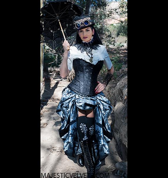 Ready to ship 2 PC Black SATIN Corset with Silver Bustle Skirt, Steampunk, Victorian, Cosplay, Costume, Dress by MajesticVelvets steampunk buy now online