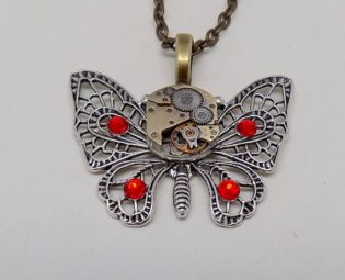 Steampunk butterfly pendant necklace with a vintage watch.Steampunk jewelry by slotzkin steampunk buy now online