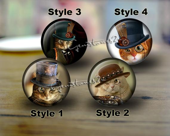 Steampunk Cat,handmade cabochons,glass cabochons,round cabochons,illustration cabochons,Digital cabochons,Dome cab cabochons by gemstones2u steampunk buy now online