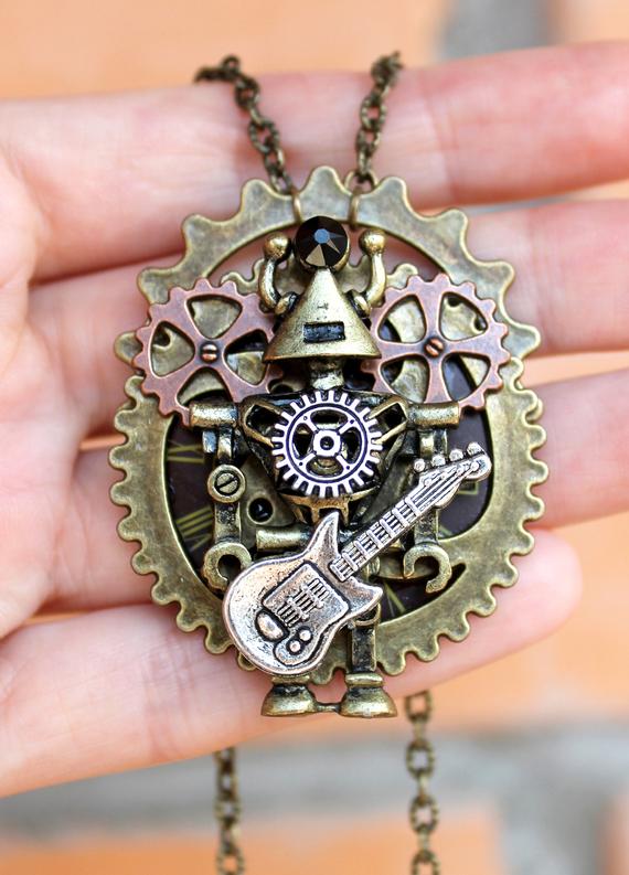 Steampunk guitar robot necklace by FantasyFlyJewelry steampunk buy now online