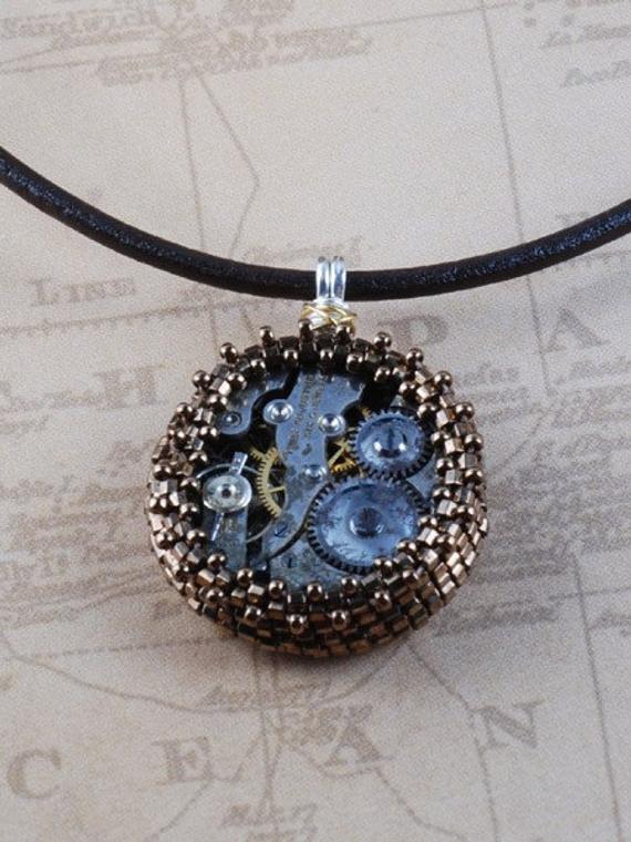 Steampunk Necklace - Steampunk Pendant -Beadwoven Pendant - Beadwork Pendant - Watch Movement Necklace - Chrononaut Pendant by chrononautmercantile steampunk buy now online