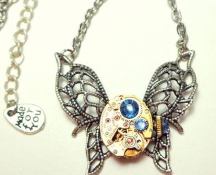 Steampunk Wings Necklace with Blue Swarovski Crystals, Neo Victorian Edwardian Fantasy,Ruby Jeweled, Rose Gold,Filigree Necklace by STEAMPUNKitis steampunk buy now online