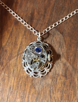 Vintage Watch Movement Necklace - Swarovski Crystal, Sapphire Blue, Industrial, Retro, Great Gift! by TheRobotPrincess steampunk buy now online