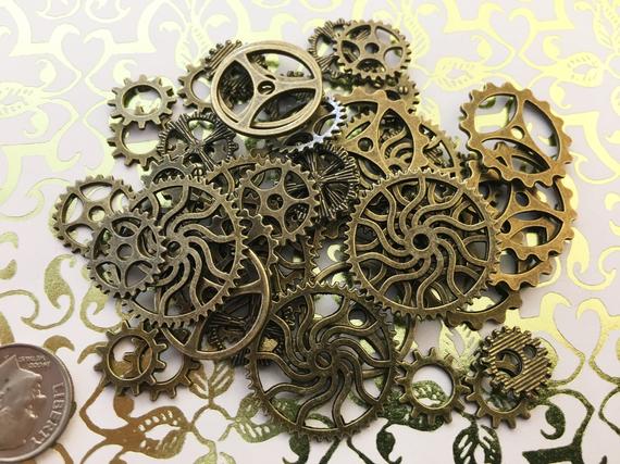 40 Brass Steampunk Art Gears Cogs Buttons Wheels Watch Parts Altered Art Crafts Jewelry Supply Crafts Clock Watch Timepiece Cosplay Costume by AKeyToHerHeart steampunk buy now online