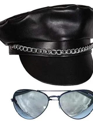 Labreeze Adults Black PVC Biker Cap with Chain & Pop Icon Sunglasses Steam Punk Fancy Dress steampunk buy now online