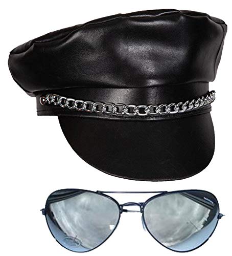 Labreeze Adults Black PVC Biker Cap with Chain & Pop Icon Sunglasses Steam Punk Fancy Dress steampunk buy now online