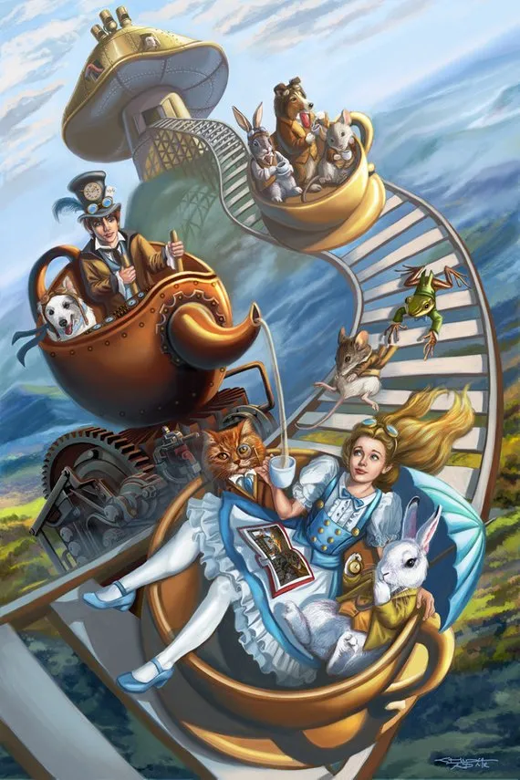 8.5x11 Signed Steampunk Alice in Wonderland MadHatter Tea Party Art Print by Sandra Chang-Adair by steampunkfantasyart steampunk buy now online