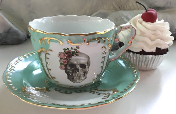 LARGER SIZE! 8-ounce Green & Gold Rose Skull Teacup and Saucer Set, Available as Tea Set, Goth Teacup, Skull Cup, Skull Mug, Skull Plate by AngiolettiDesigns steampunk buy now online