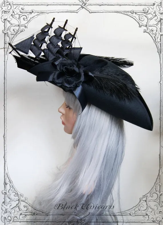 Ship Tricorn ( steampunk, black, hat , Pirate ) by BlackUnicornShop steampunk buy now online