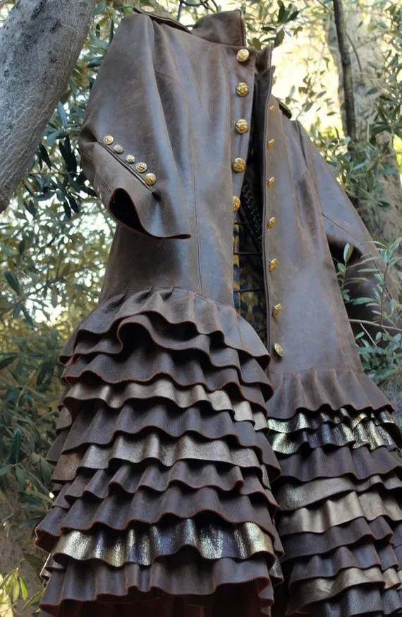 showdiva designs STUNNING Below Knee Length Brown Distressed Leather Military Coat Asymmetrical Ruffles Hints of Gold by showdiva steampunk buy now online