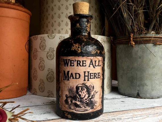 Steampunk Alice in Wonderland. We're All Mad Here. Alice in Wonderland Gift. Mad Here Bottle. Mad Hatters. Alice in Wonderland Decor. Bottle by RubyAliceandMe steampunk buy now online
