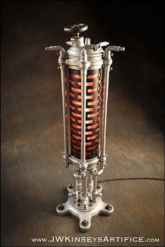 The Colchester Table Lamp: a handcrafted Dieselpunk accent light in Black and Nickel with Isinglass illumination by JWKinseysArtifice steampunk buy now online