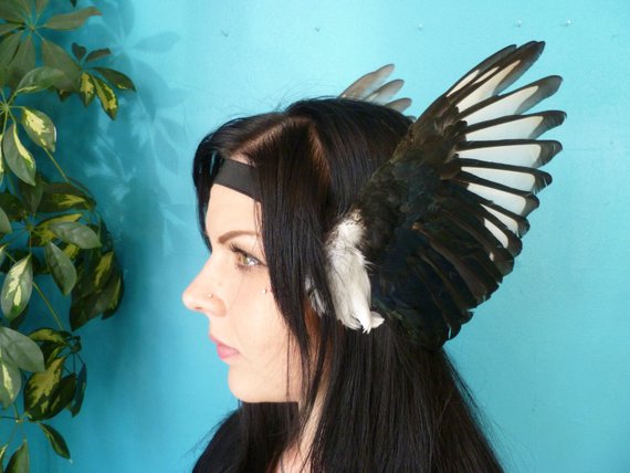 Valkyrie style beautiful and unique real taxidermy magpie wing headband, steampunk, gothic, party, festival, burlesque MADE TO ORDER by WildHeartTaxidermy steampunk buy now online