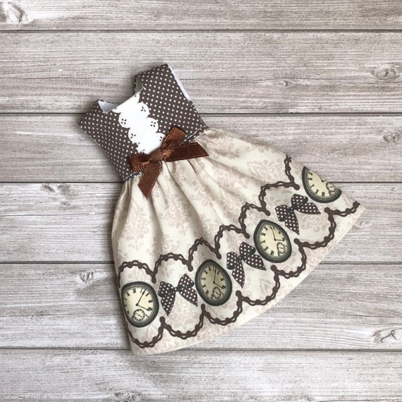 Brown dress for blythe and Pullip with clocks and bows - Little Lénie by Jolielenie steampunk buy now online