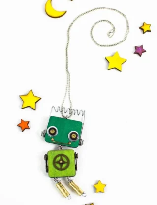 Green wood laser-cut robot pendant. Handmade pendant necklace by ThinkupUpcycledstuff steampunk buy now online
