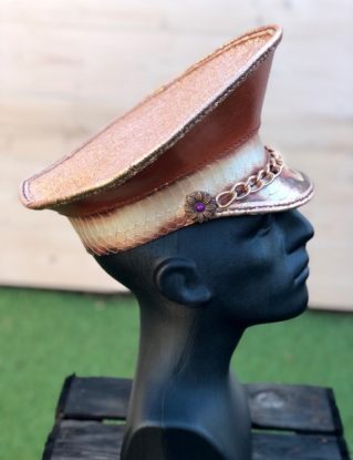 Handmade leather peaked officers hat Perfect to wear at Burningman festival, Coachella, Mardigrass, Dancevalley, Tomorrowland, MilkshakeFest by ByAngelMerchandise steampunk buy now online