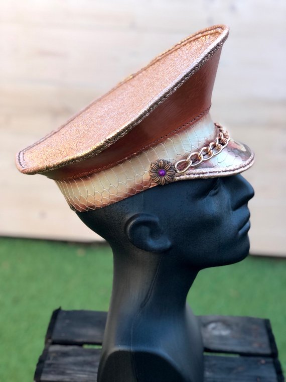 Handmade leather peaked officers hat Perfect to wear at Burningman festival, Coachella, Mardigrass, Dancevalley, Tomorrowland, MilkshakeFest by ByAngelMerchandise steampunk buy now online