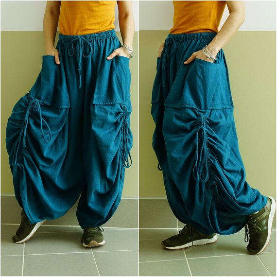 Love Me..Love Me Not IV - Steampunk Dark Teal Green Cotton Wide Leg Boho Pants Steampunk Pants With 2 Roomy Pockets & Side Ruching by beyondclothing steampunk buy now online