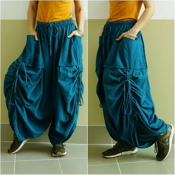 Love Me..Love Me Not IV - Steampunk Dark Teal Green Cotton Wide Leg Boho Pants Steampunk Pants With 2 Roomy Pockets & Side Ruching by beyondclothing steampunk buy now online