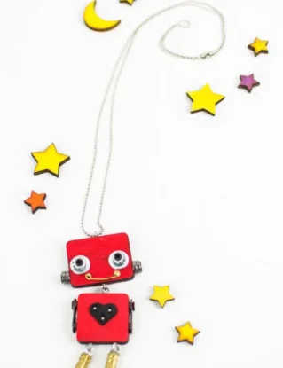 Red wood laser-cut robot pendant. Handmade pendant necklace by ThinkupUpcycledstuff steampunk buy now online