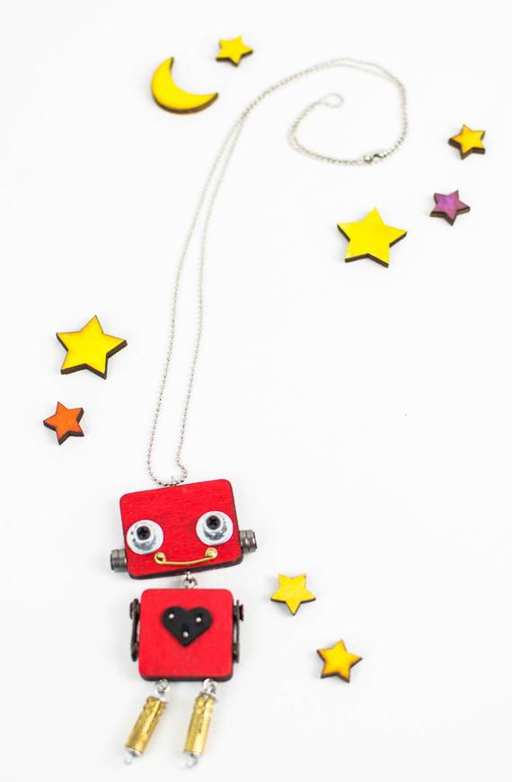 Red wood laser-cut robot pendant. Handmade pendant necklace by ThinkupUpcycledstuff steampunk buy now online