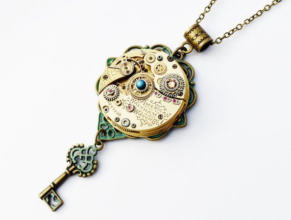 Steampunk Antique Pocket Watch & Key Necklace, Steampunk Necklace, Gold Watch Necklace, Steampunk Gold Watch, Watch and Key Necklace PN96 by RavensSecretStash steampunk buy now online