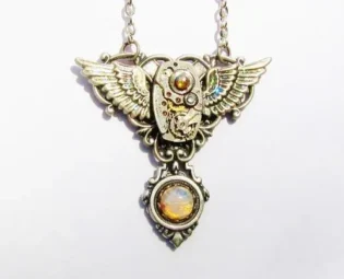 Steampunk Iridescent Winged Watch Movement Pendant Necklace with Vintage Harlequin Fire Opal, Steampunk Necklace, Watch Opal Necklace PN54 by RavensSecretStash steampunk buy now online