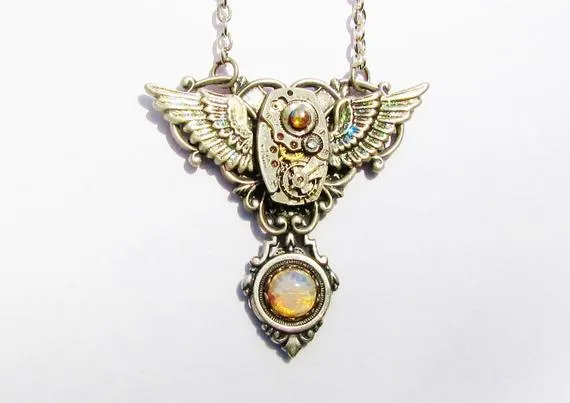 Steampunk Iridescent Winged Watch Movement Pendant Necklace with Vintage Harlequin Fire Opal, Steampunk Necklace, Watch Opal Necklace PN54 by RavensSecretStash steampunk buy now online