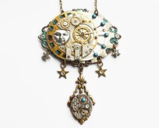 Steampunk Mechanical Moon and Stars Necklace, Steampunk Necklace, Steampunk Moon, Moon & Stars Necklace, Full Moon Necklace PN95 by RavensSecretStash steampunk buy now online