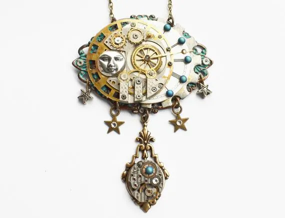 Steampunk Mechanical Moon and Stars Necklace, Steampunk Necklace, Steampunk Moon, Moon & Stars Necklace, Full Moon Necklace PN95 by RavensSecretStash steampunk buy now online